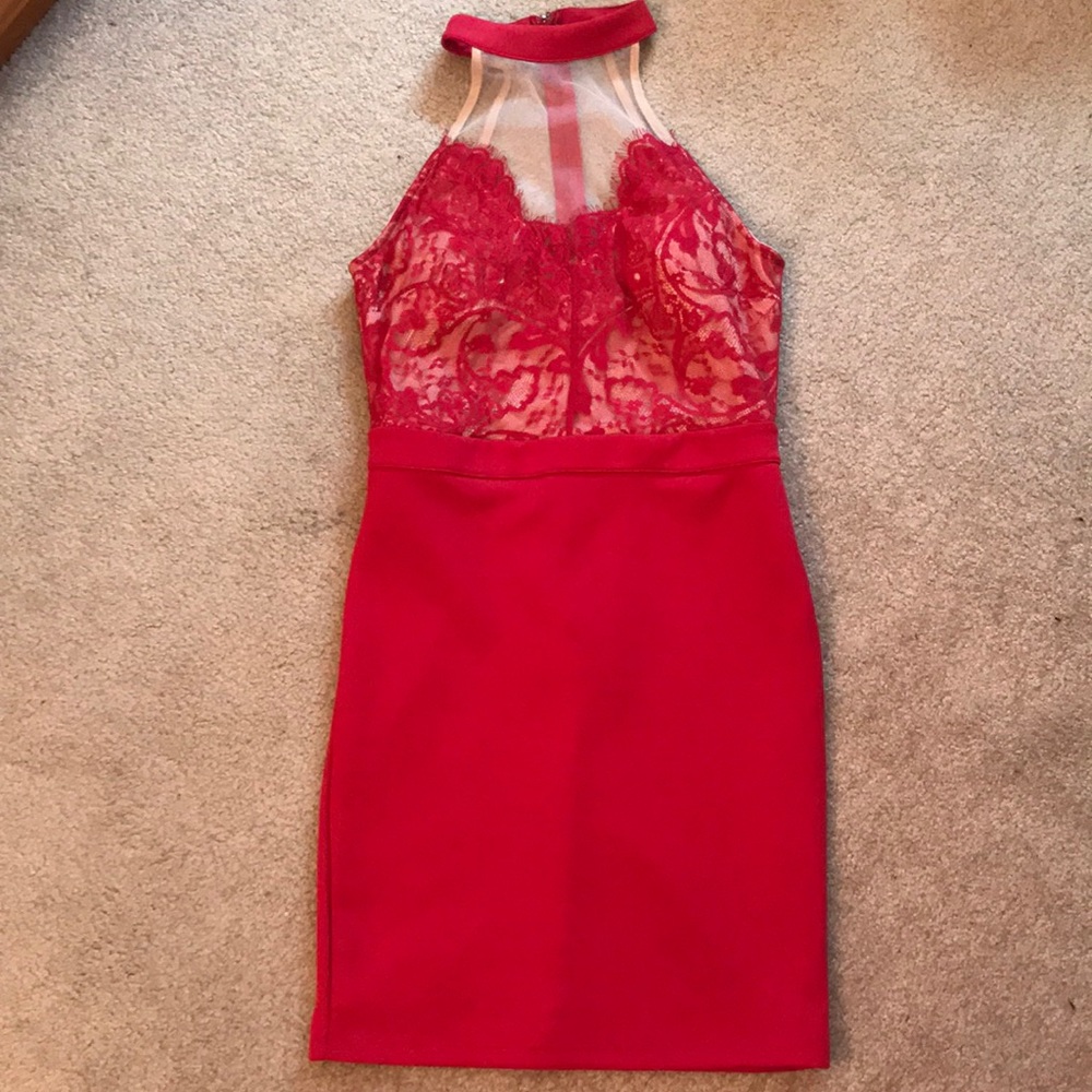 Formal dress, red with lace